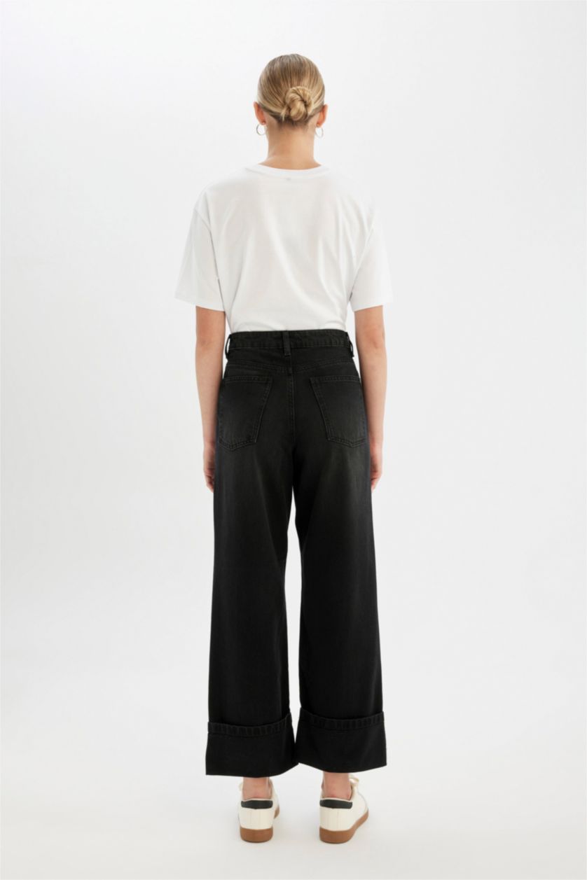 Kadın Siyah Relax Fit Yüksek Bel Bilek Boy Jean Pantolon