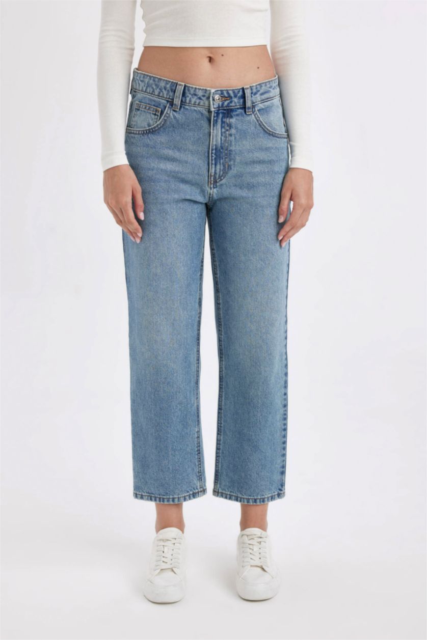 Kadın Mavi Boyfrıend Yüksek Bel Bilek Boy Jean Yıkamalı Pantolon
