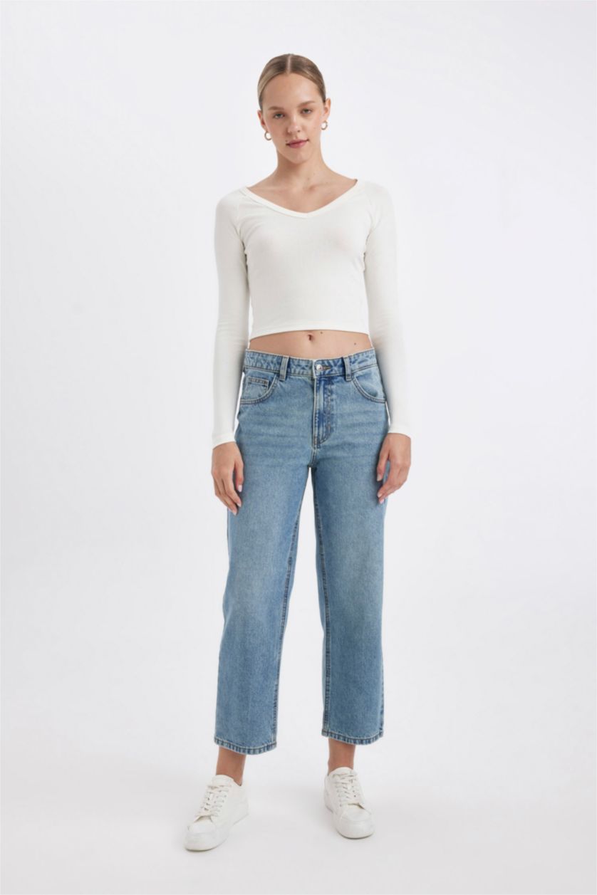 Kadın Mavi Boyfrıend Yüksek Bel Bilek Boy Jean Yıkamalı Pantolon