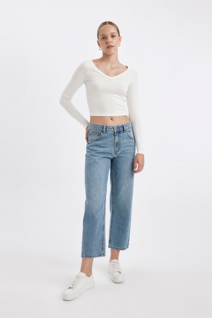 Kadın Mavi Boyfrıend Yüksek Bel Bilek Boy Jean Yıkamalı Pantolon