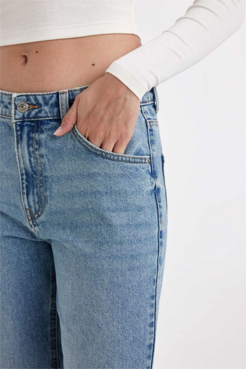 Kadın Mavi Boyfrıend Yüksek Bel Bilek Boy Jean Yıkamalı Pantolon