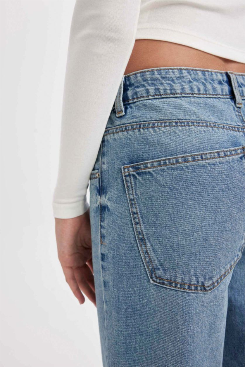 Kadın Mavi Boyfrıend Yüksek Bel Bilek Boy Jean Yıkamalı Pantolon