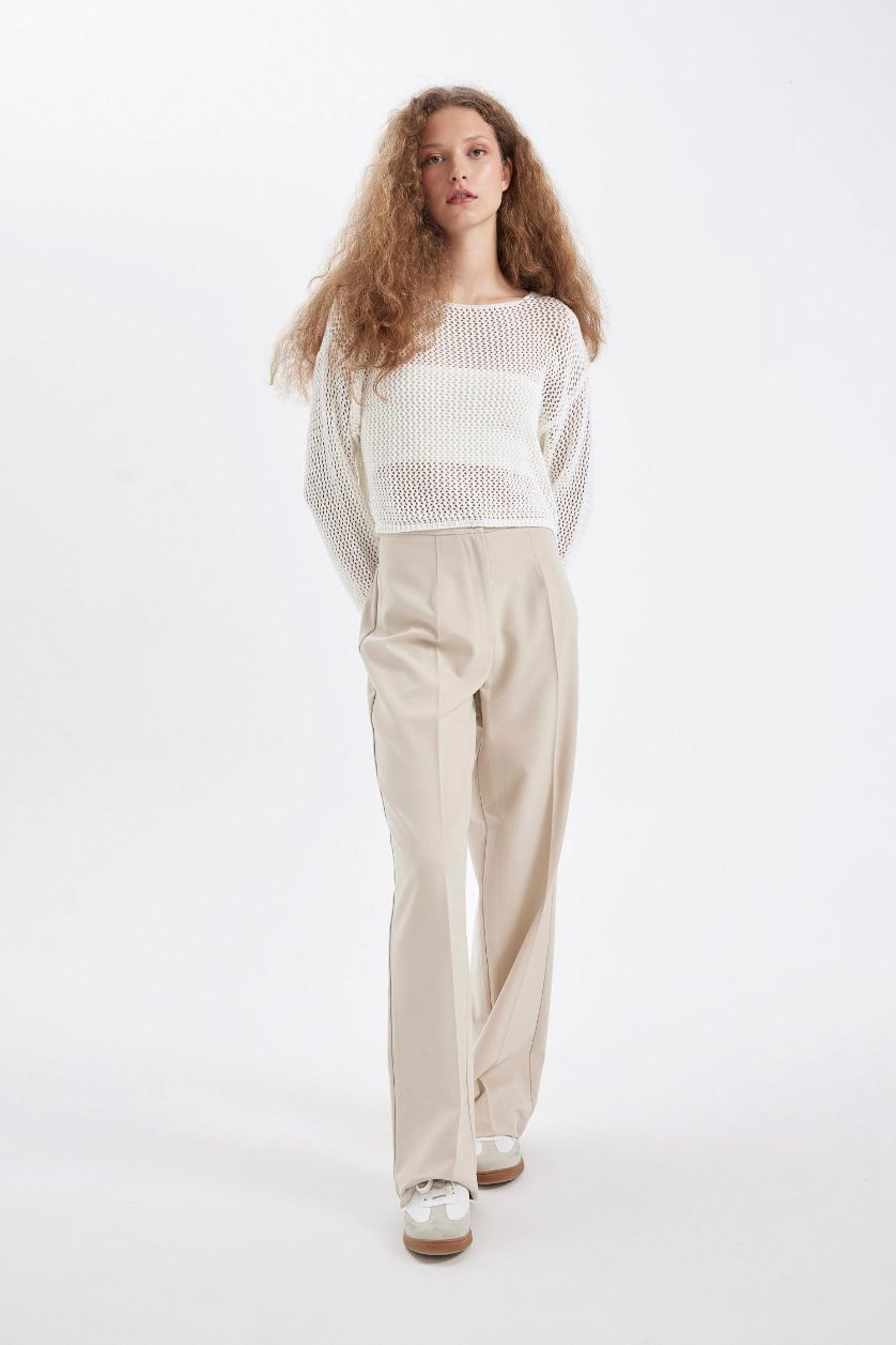 Kadın Bej Standart Boy Kumaş Palazzo Pantolon Wide Leg Geniş Bol Paça Basic Düz Yüksek Bel