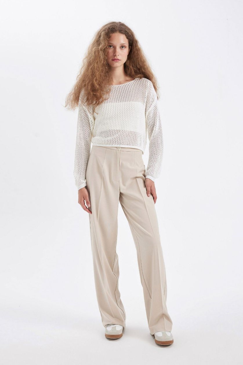 Kadın Bej Standart Boy Kumaş Palazzo Pantolon Wide Leg Geniş Bol Paça Basic Düz Yüksek Bel