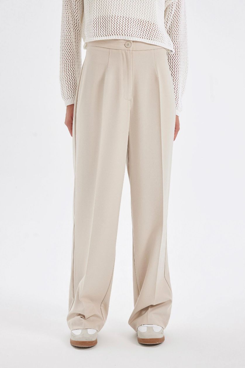 Kadın Bej Standart Boy Kumaş Palazzo Pantolon Wide Leg Geniş Bol Paça Basic Düz Yüksek Bel