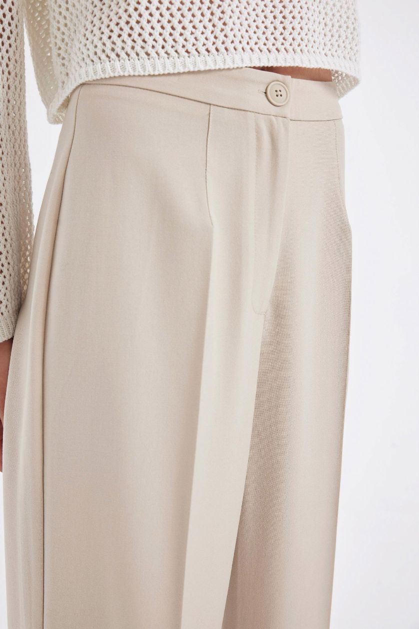 Kadın Bej Standart Boy Kumaş Palazzo Pantolon Wide Leg Geniş Bol Paça Basic Düz Yüksek Bel