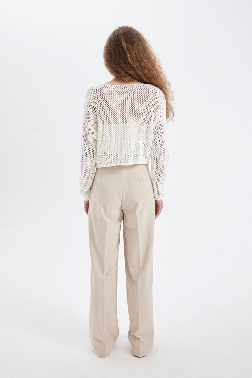 Kadın Bej Standart Boy Kumaş Palazzo Pantolon Wide Leg Geniş Bol Paça Basic Düz Yüksek Bel