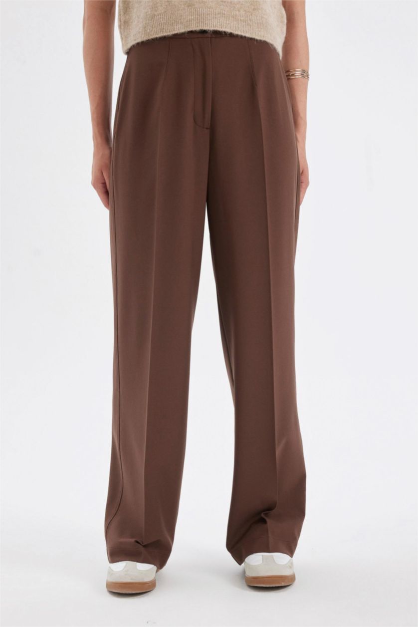 Kadın Kahve Standart Boy Klasik Pantolon Wide Leg  Geniş Bol Paça Basic Düz Yüksek Bel