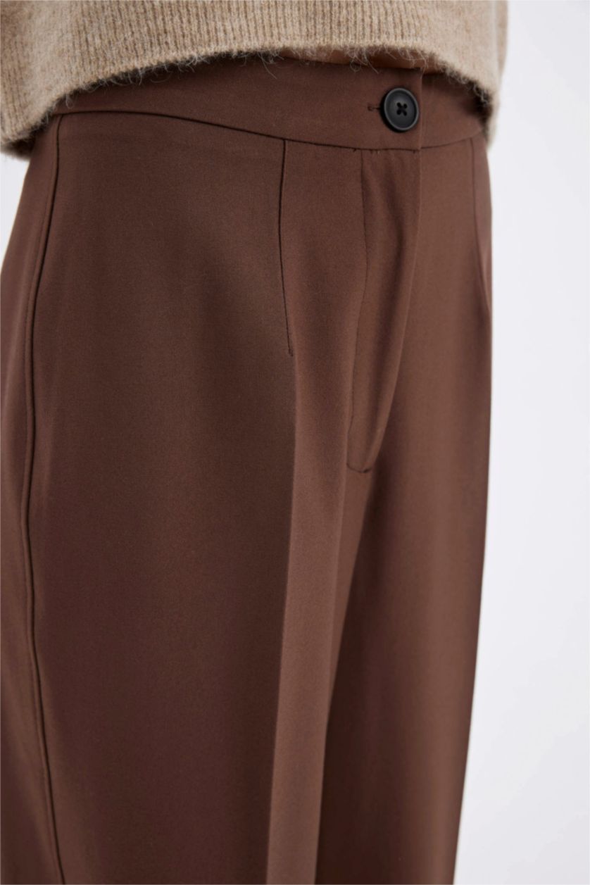 Kadın Kahve Standart Boy Klasik Pantolon Wide Leg  Geniş Bol Paça Basic Düz Yüksek Bel