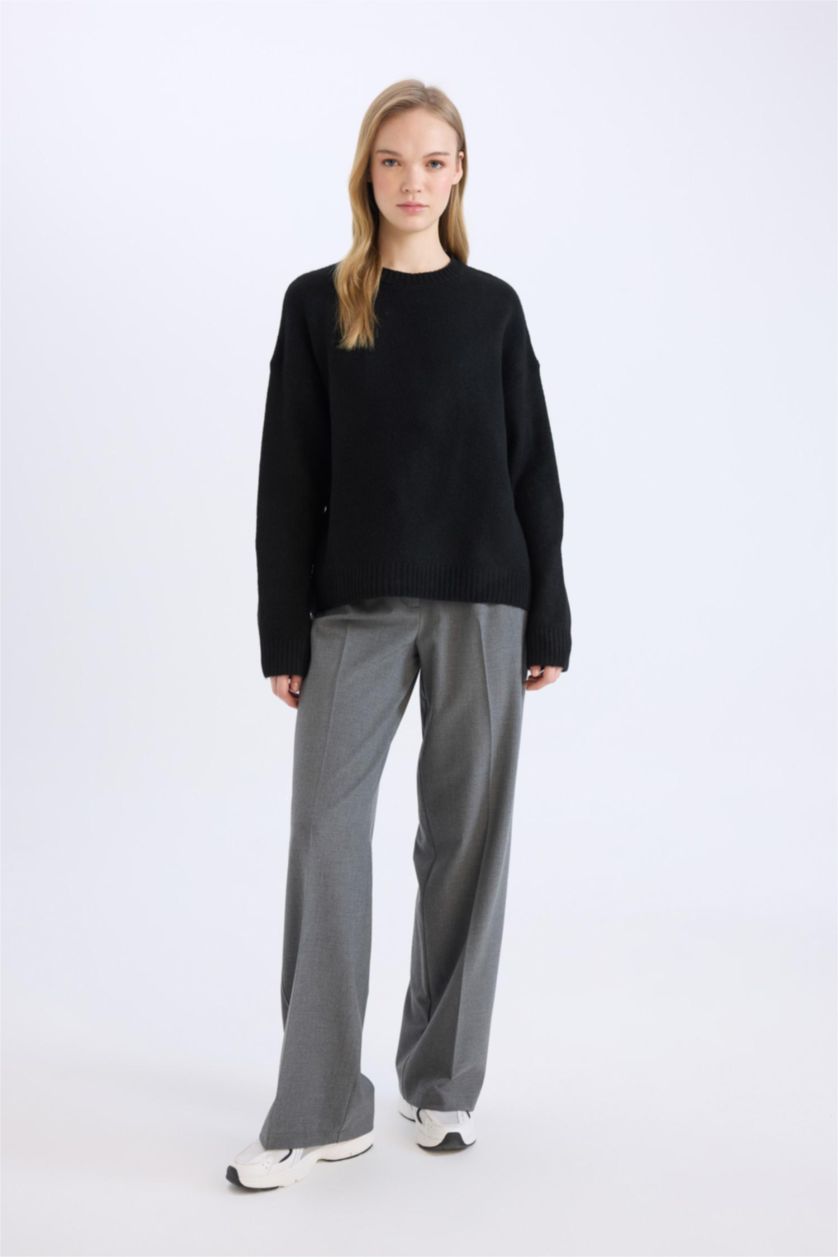 Woman Anthracite Melange Standard Fit Basic High Waist Wide Leg Trousers