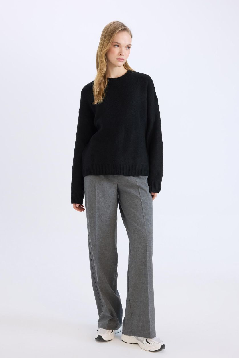 Woman Anthracite Melange Standard Fit Basic High Waist Wide Leg Trousers