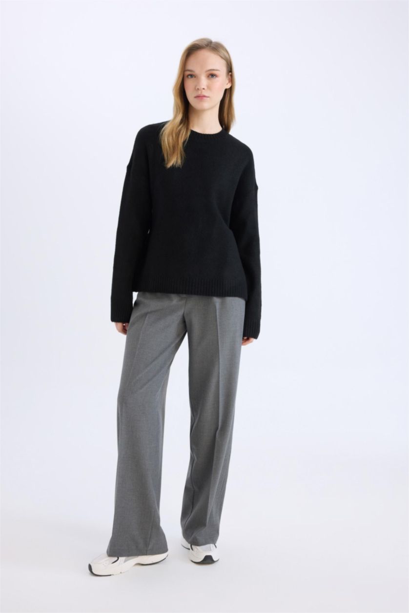 Woman Anthracite Melange Standard Fit Basic High Waist Wide Leg Trousers