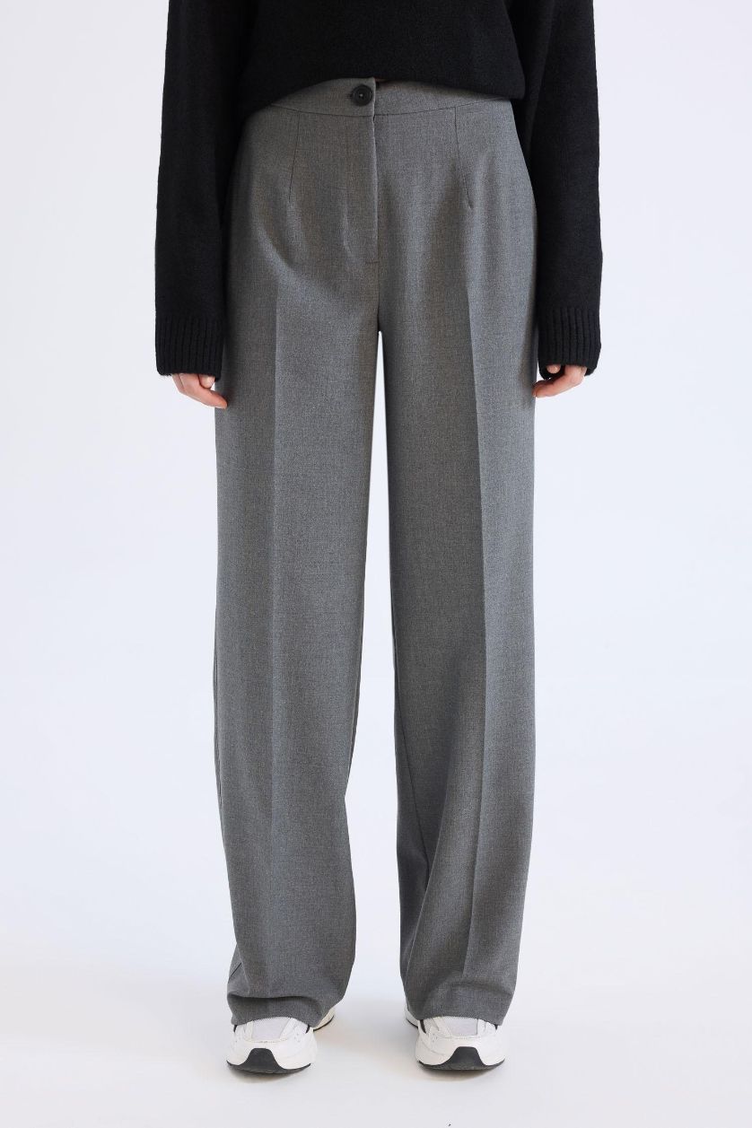 Woman Anthracite Melange Standard Fit Basic High Waist Wide Leg Trousers