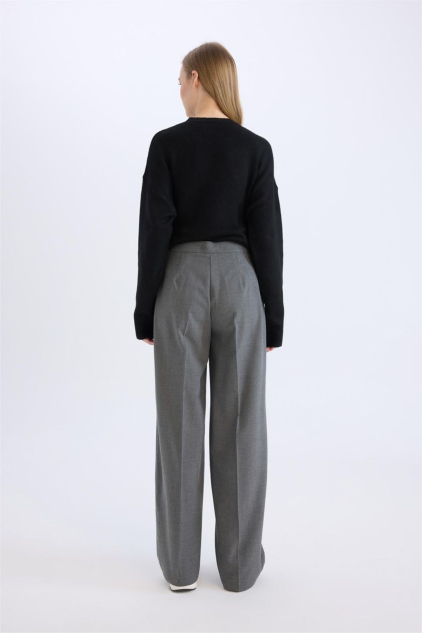Woman Anthracite Melange Standard Fit Basic High Waist Wide Leg Trousers
