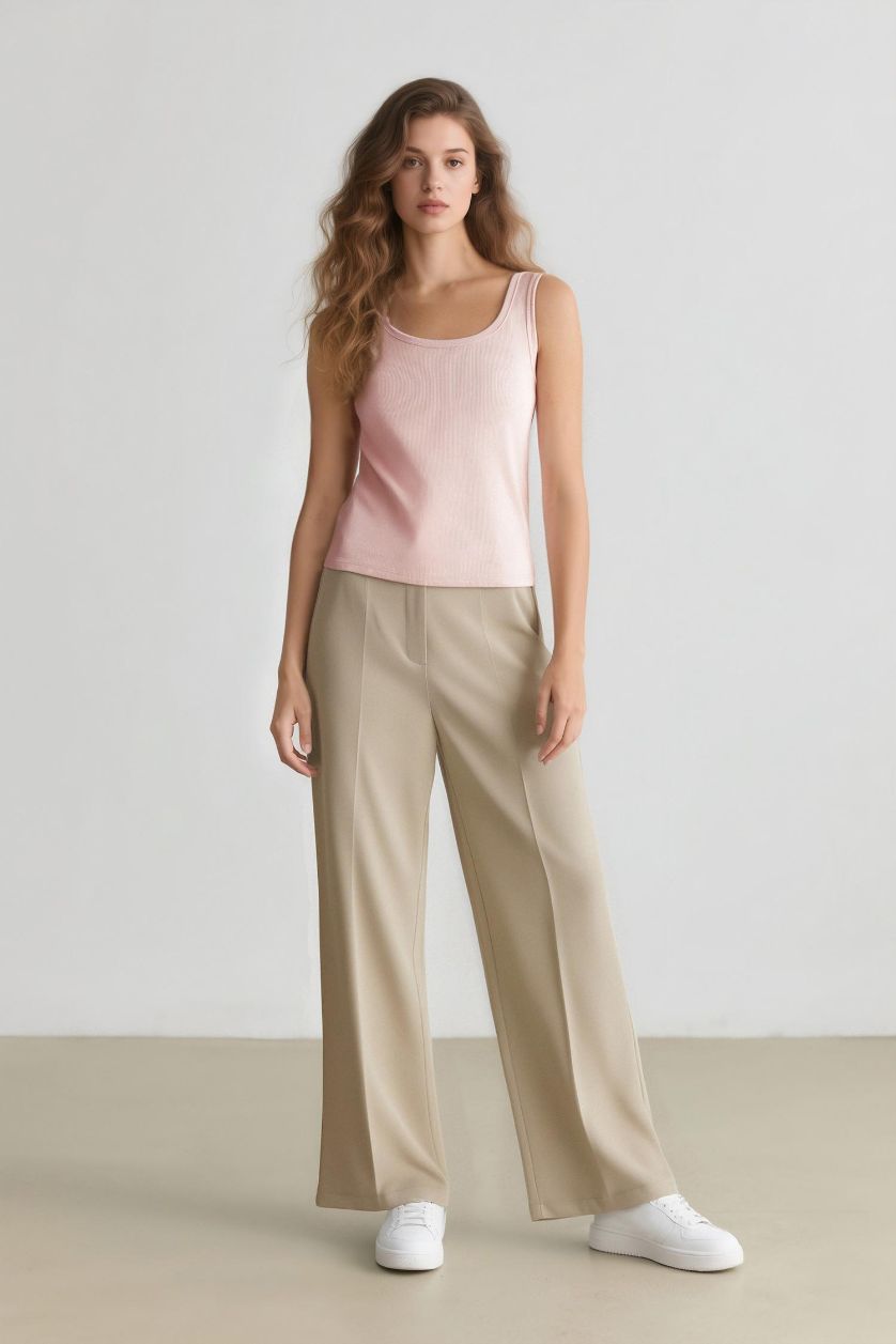 Woman Beige High Waist Standard Length Wide Leg Trousers