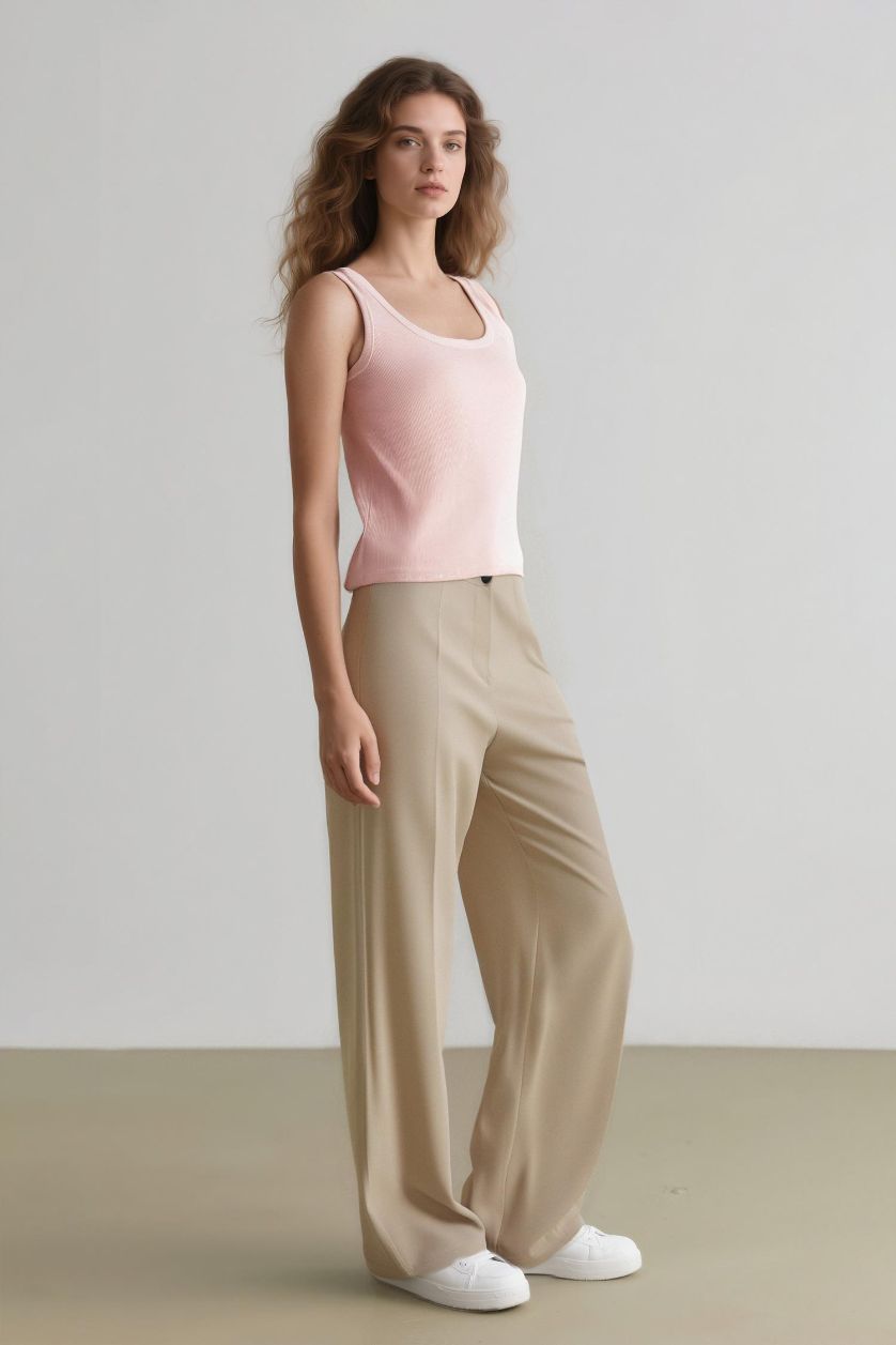Woman Beige High Waist Standard Length Wide Leg Trousers