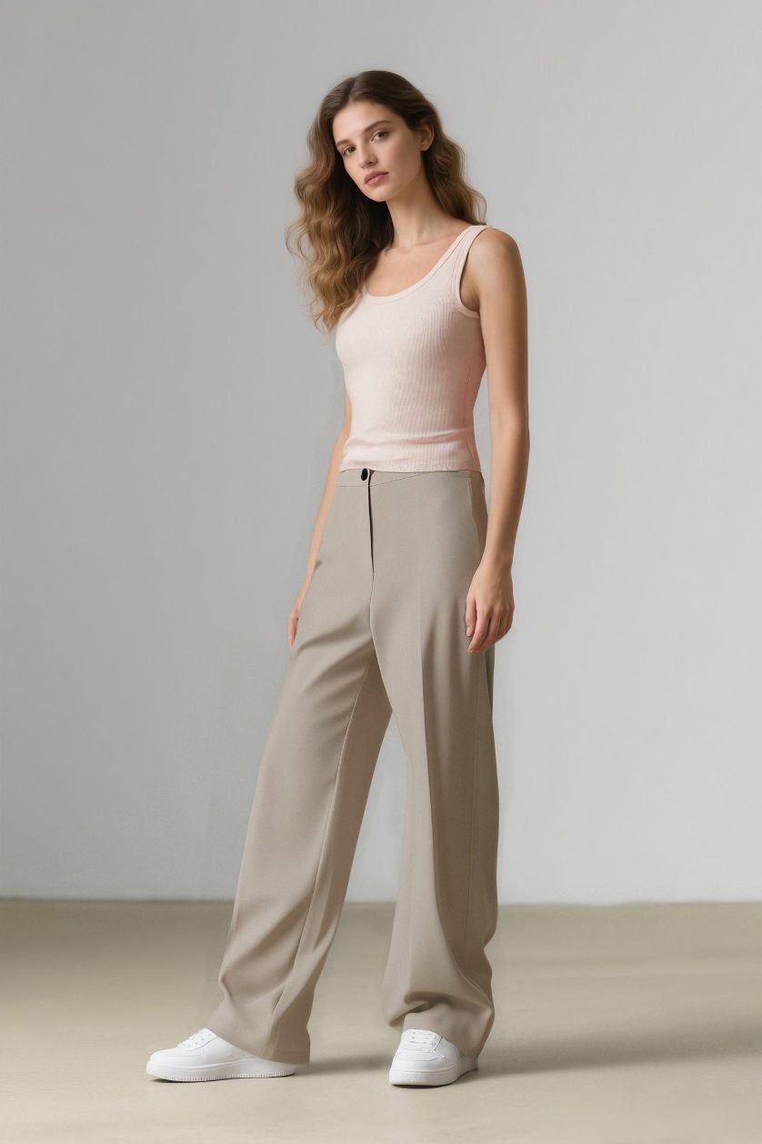 Woman Beige High Waist Standard Length Wide Leg Trousers