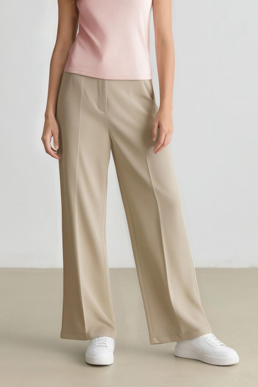Woman Beige High Waist Standard Length Wide Leg Trousers
