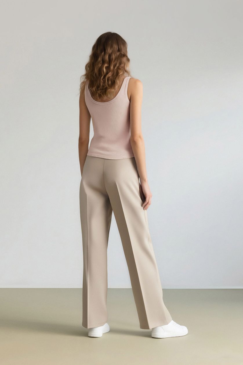 Woman Beige High Waist Standard Length Wide Leg Trousers