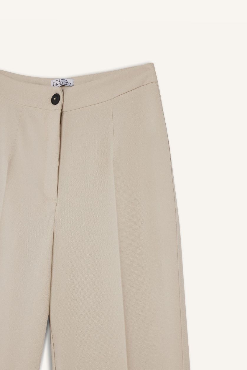 Woman Beige High Waist Standard Length Wide Leg Trousers