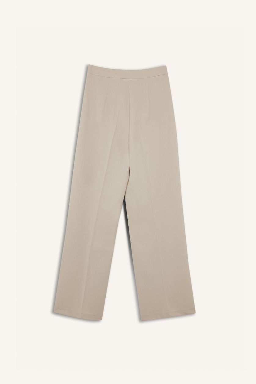 Woman Beige High Waist Standard Length Wide Leg Trousers