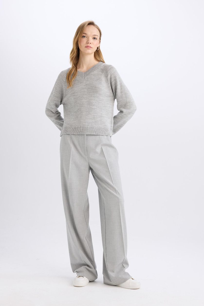 Kadın Açık Gri Melange Standart Boy Kumaş Palazzo Pantolon Wide Leg Geniş Bol Paça Basic Düz Yüksek Bel