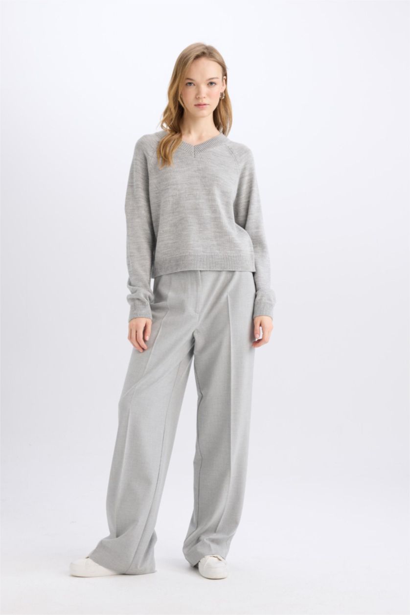 Kadın Açık Gri Melange Standart Boy Kumaş Palazzo Pantolon Wide Leg Geniş Bol Paça Basic Düz Yüksek Bel