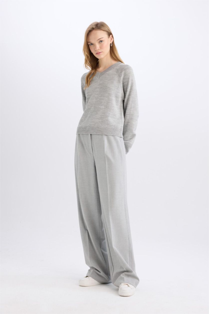 Kadın Açık Gri Melange Standart Boy Kumaş Palazzo Pantolon Wide Leg Geniş Bol Paça Basic Düz Yüksek Bel