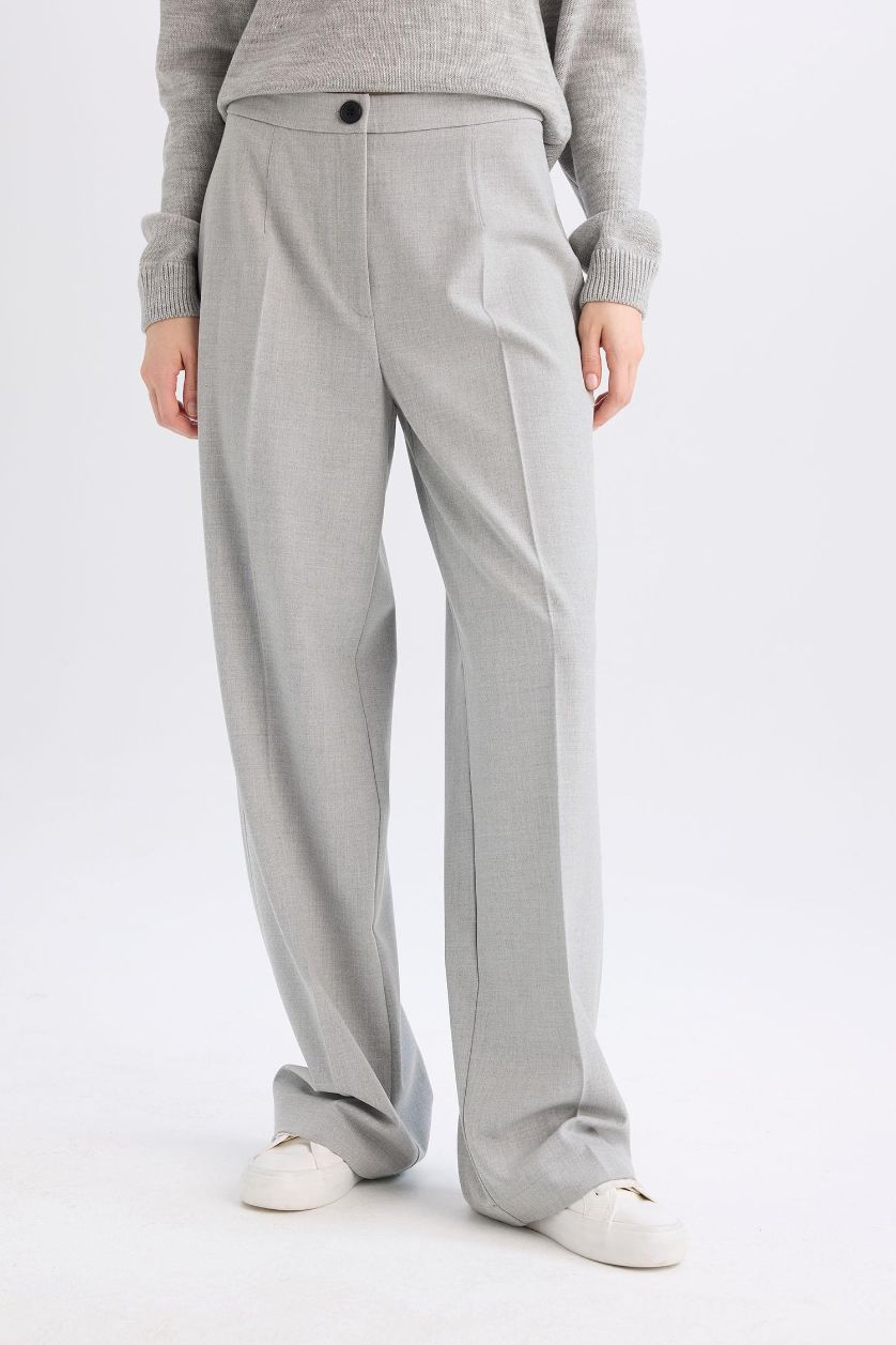 Kadın Açık Gri Melange Standart Boy Kumaş Palazzo Pantolon Wide Leg Geniş Bol Paça Basic Düz Yüksek Bel