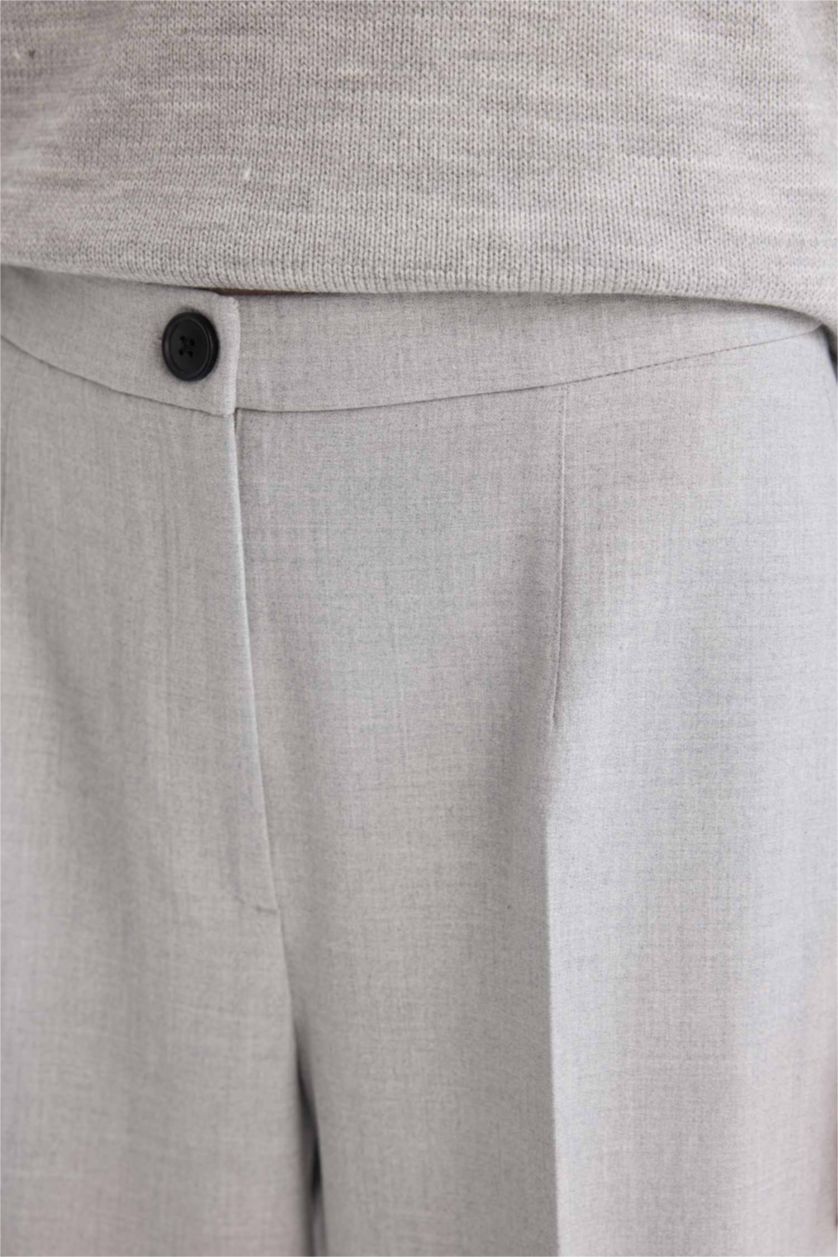 Kadın Açık Gri Melange Standart Boy Kumaş Palazzo Pantolon Wide Leg Geniş Bol Paça Basic Düz Yüksek Bel