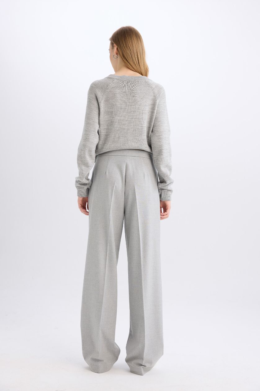 Kadın Açık Gri Melange Standart Boy Kumaş Palazzo Pantolon Wide Leg Geniş Bol Paça Basic Düz Yüksek Bel