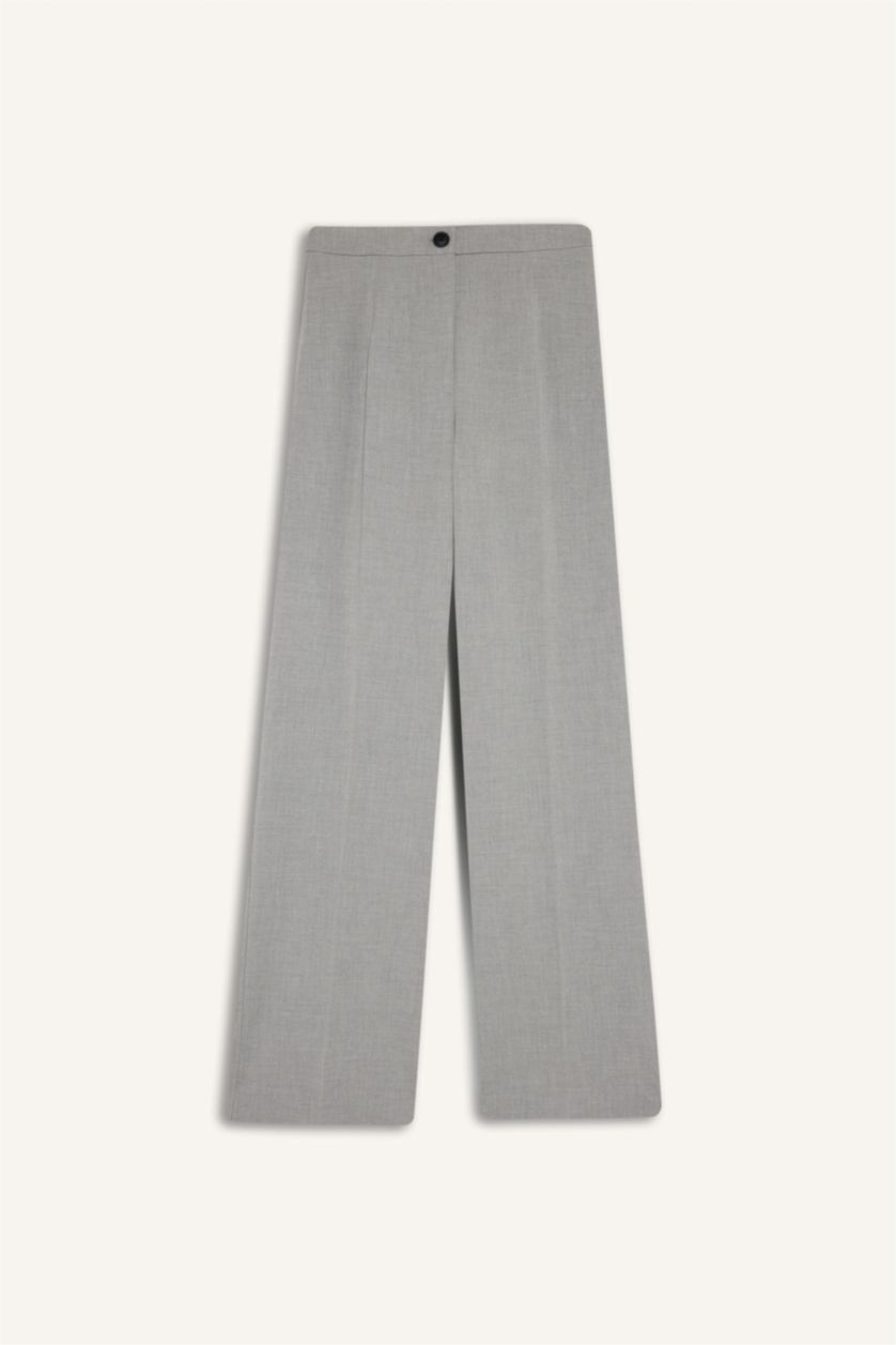 Kadın Açık Gri Melange Standart Boy Kumaş Palazzo Pantolon Wide Leg Geniş Bol Paça Basic Düz Yüksek Bel