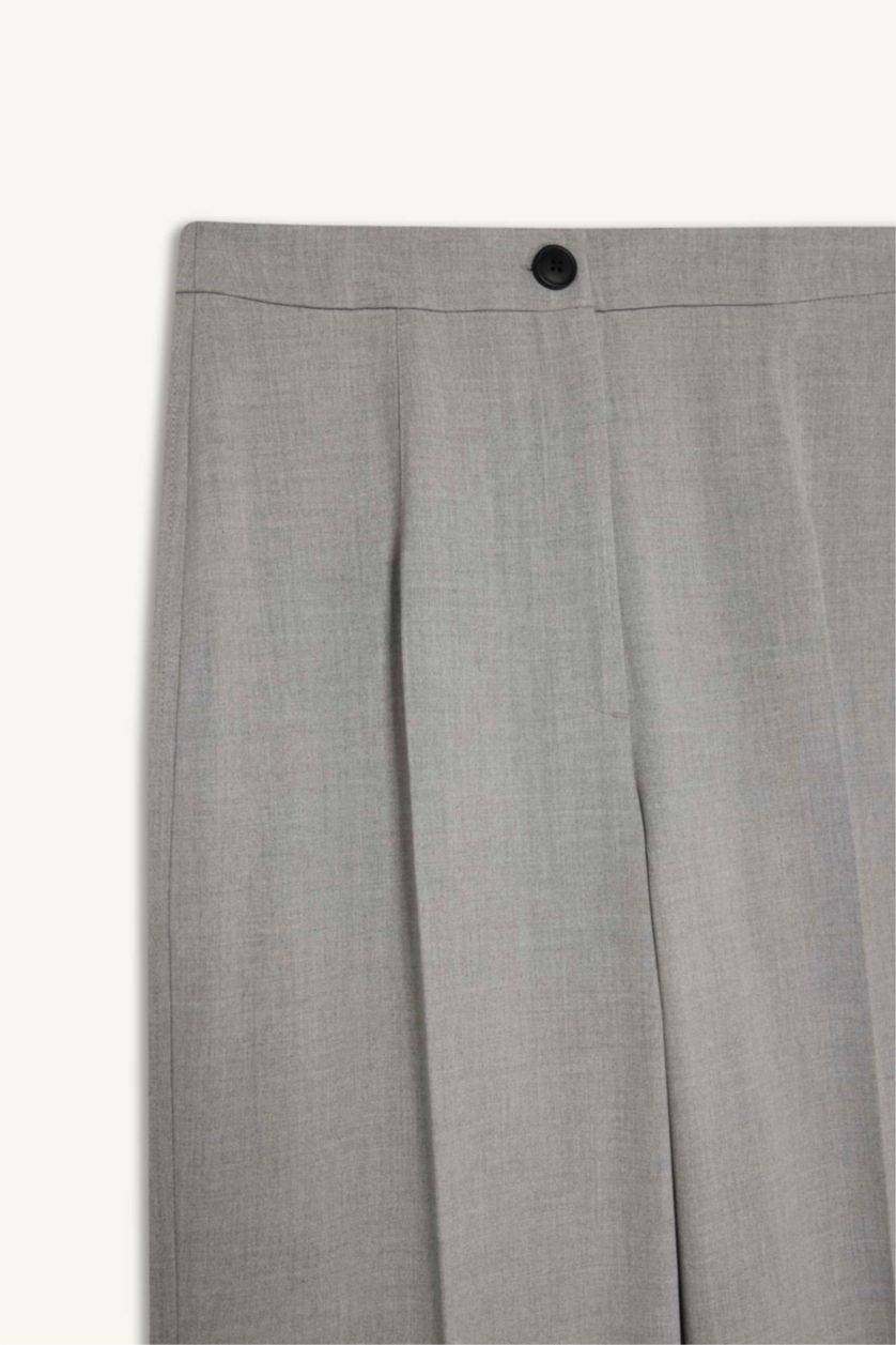 Kadın Açık Gri Melange Standart Boy Kumaş Palazzo Pantolon Wide Leg Geniş Bol Paça Basic Düz Yüksek Bel