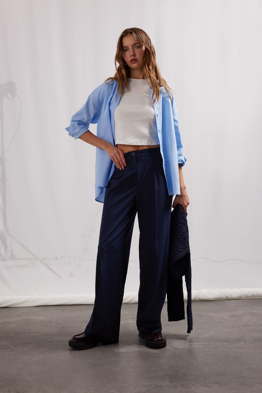 Kadın Lacivert Wide Leg Yüksek Bel Standart Boy Kumaş Pantolon