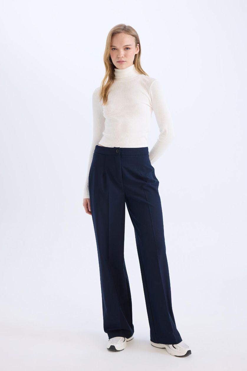 Kadın Lacivert Wide Leg Yüksek Bel Standart Boy Kumaş Pantolon