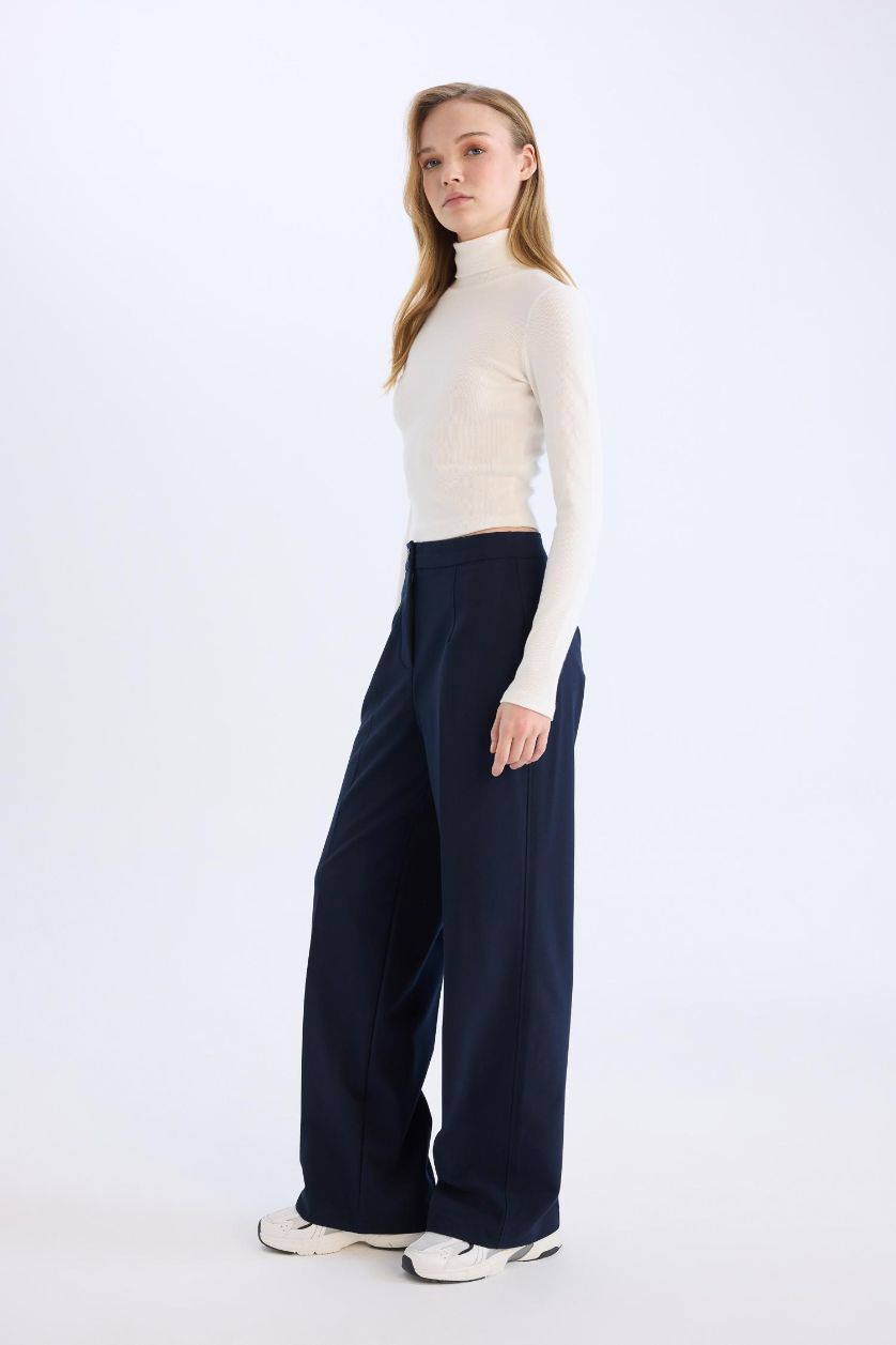 Kadın Lacivert Wide Leg Yüksek Bel Standart Boy Kumaş Pantolon