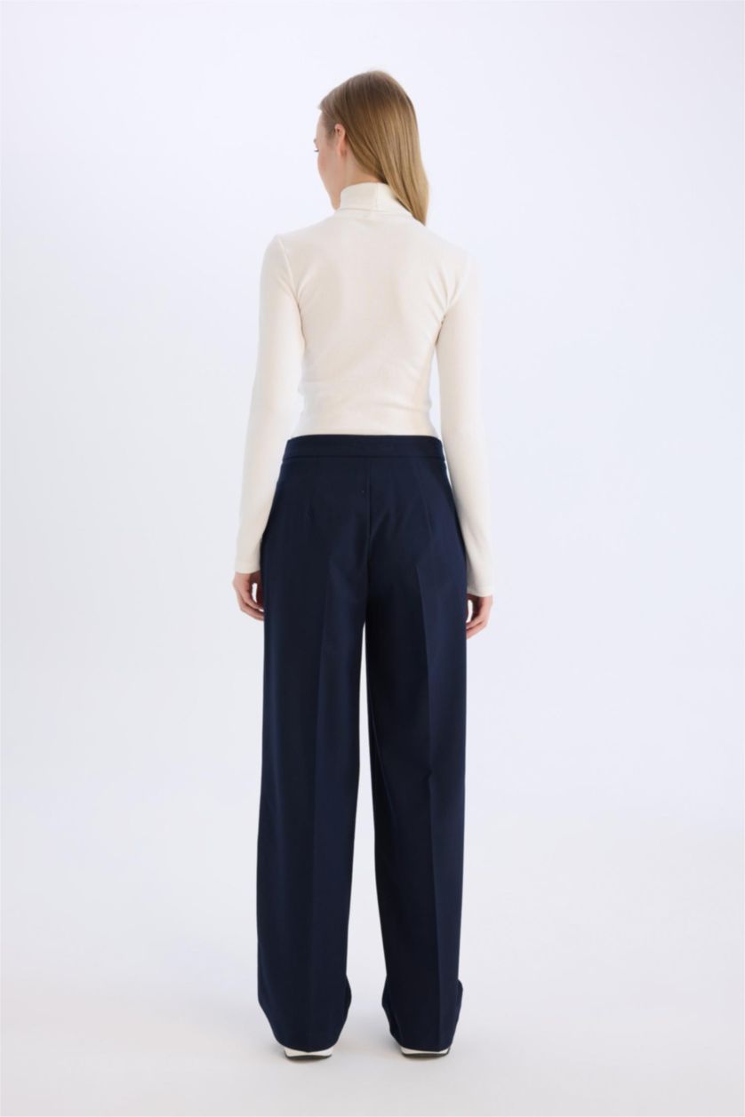 Kadın Lacivert Wide Leg Yüksek Bel Standart Boy Kumaş Pantolon