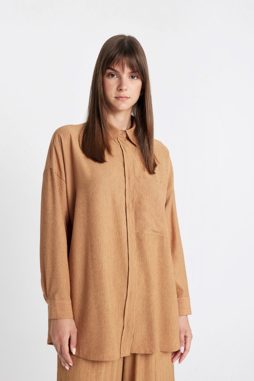 Kadın Camel Relax Fit Krinkıl Kumaş Uzun Kollu Tesettür Gömlek Tunik