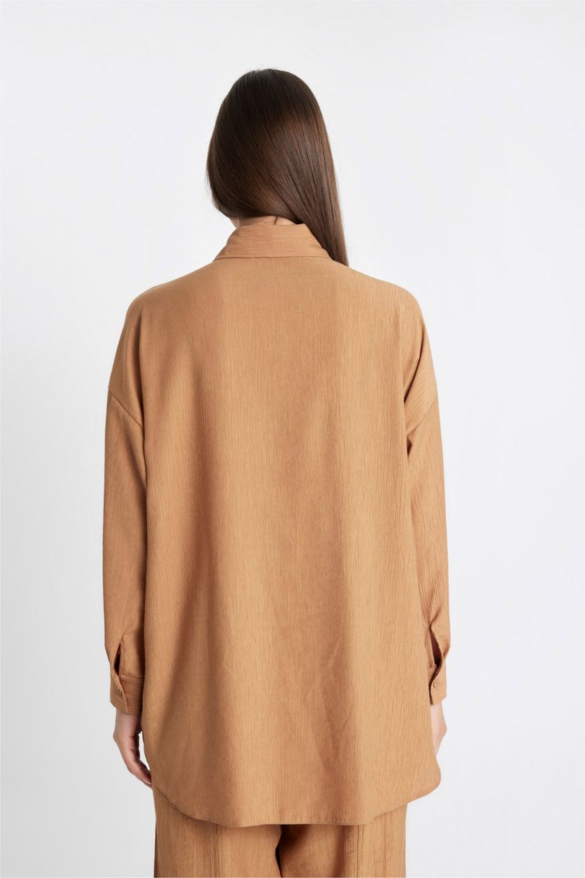 Kadın Camel Relax Fit Krinkıl Kumaş Uzun Kollu Tesettür Gömlek Tunik