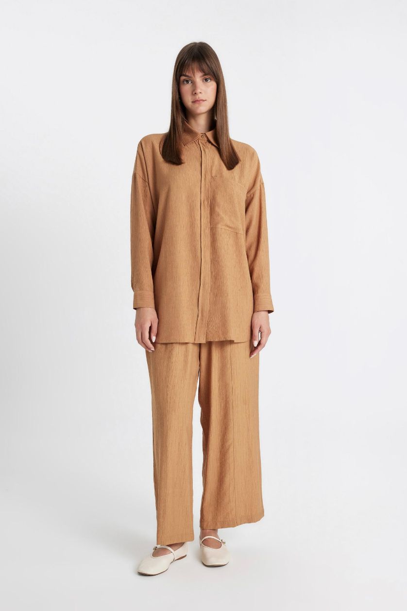 Kadın Camel Geniş Paça Basic Düz Harem Pantolon