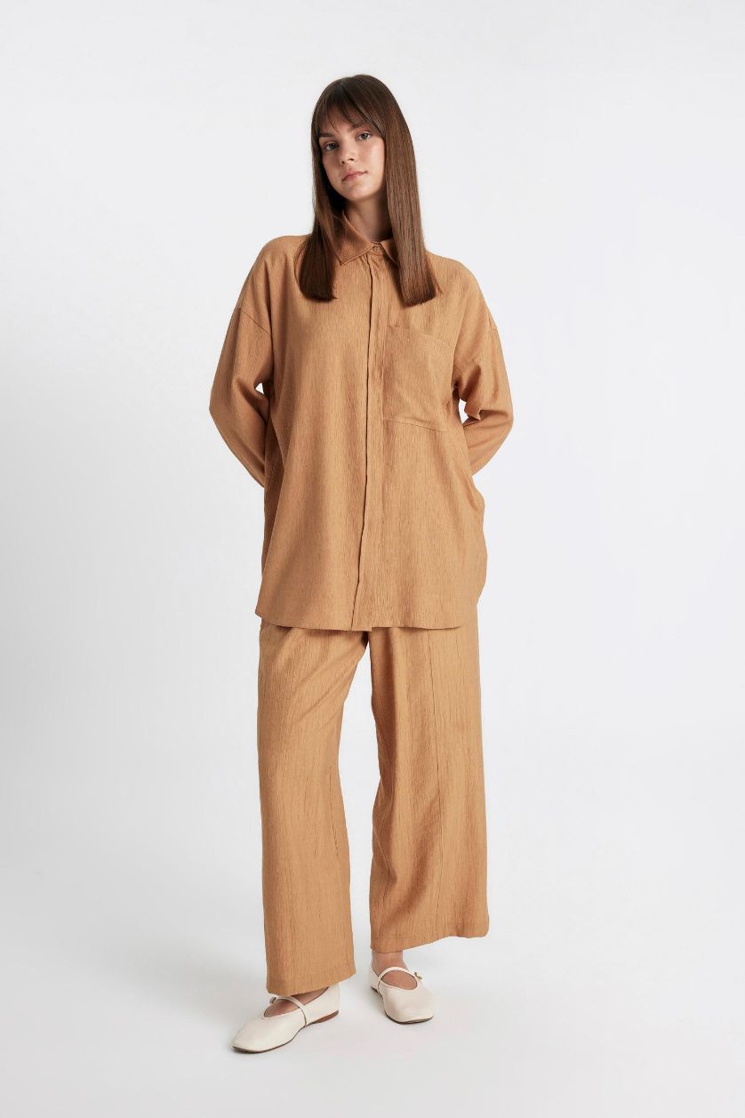 Kadın Camel Geniş Paça Basic Düz Harem Pantolon