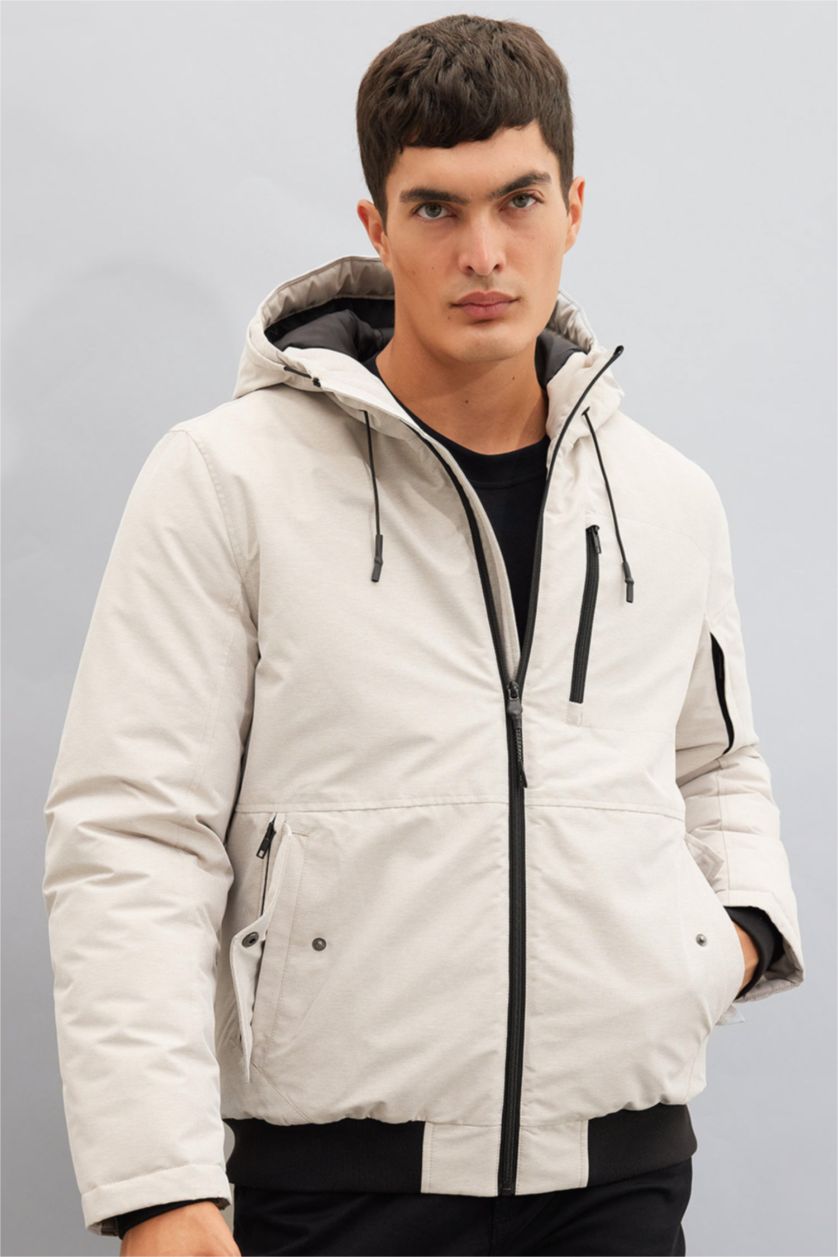 Men Beige Zipper Puffer Jacket