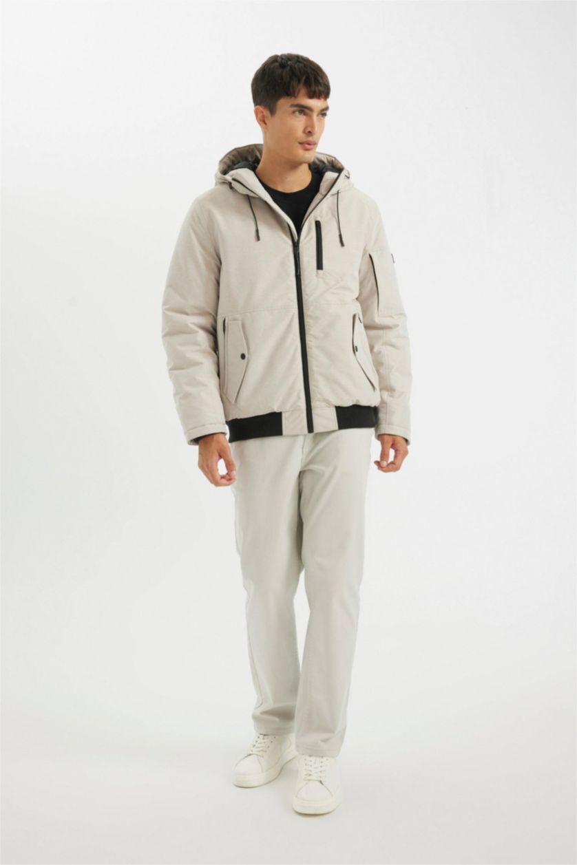 Men Beige Zipper Puffer Jacket
