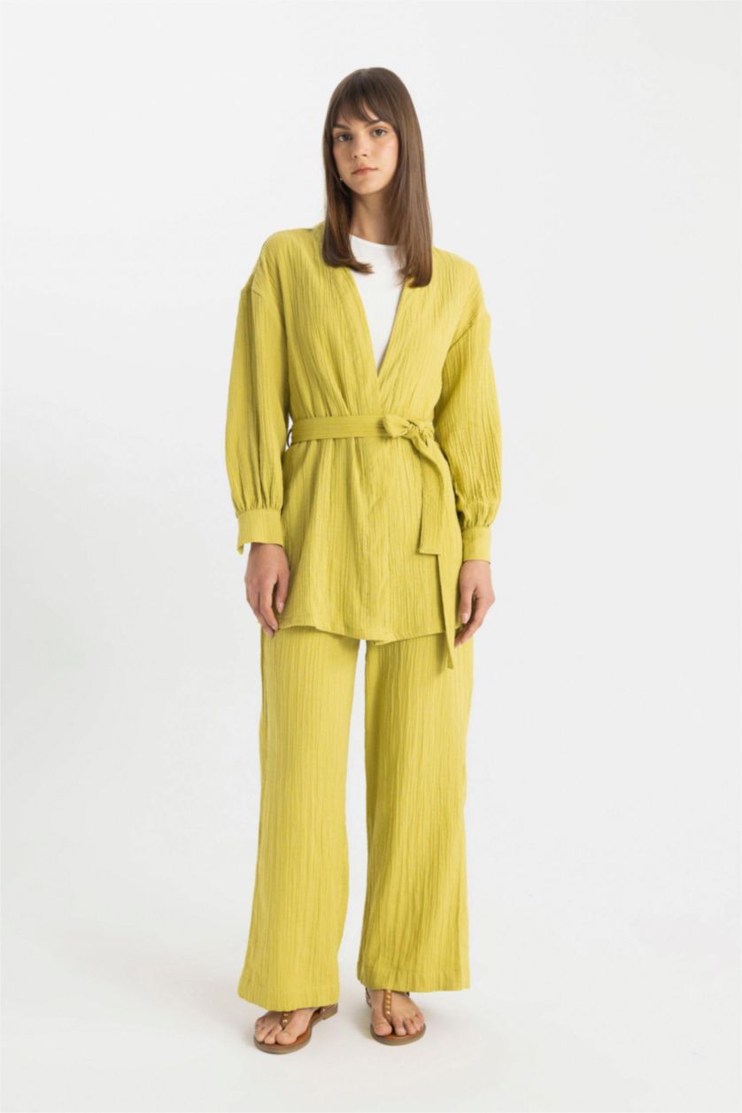 Kadın Yeşil Wide Leg Müslin Pantolon Basic Düz Geniş Bol Paça Cepli