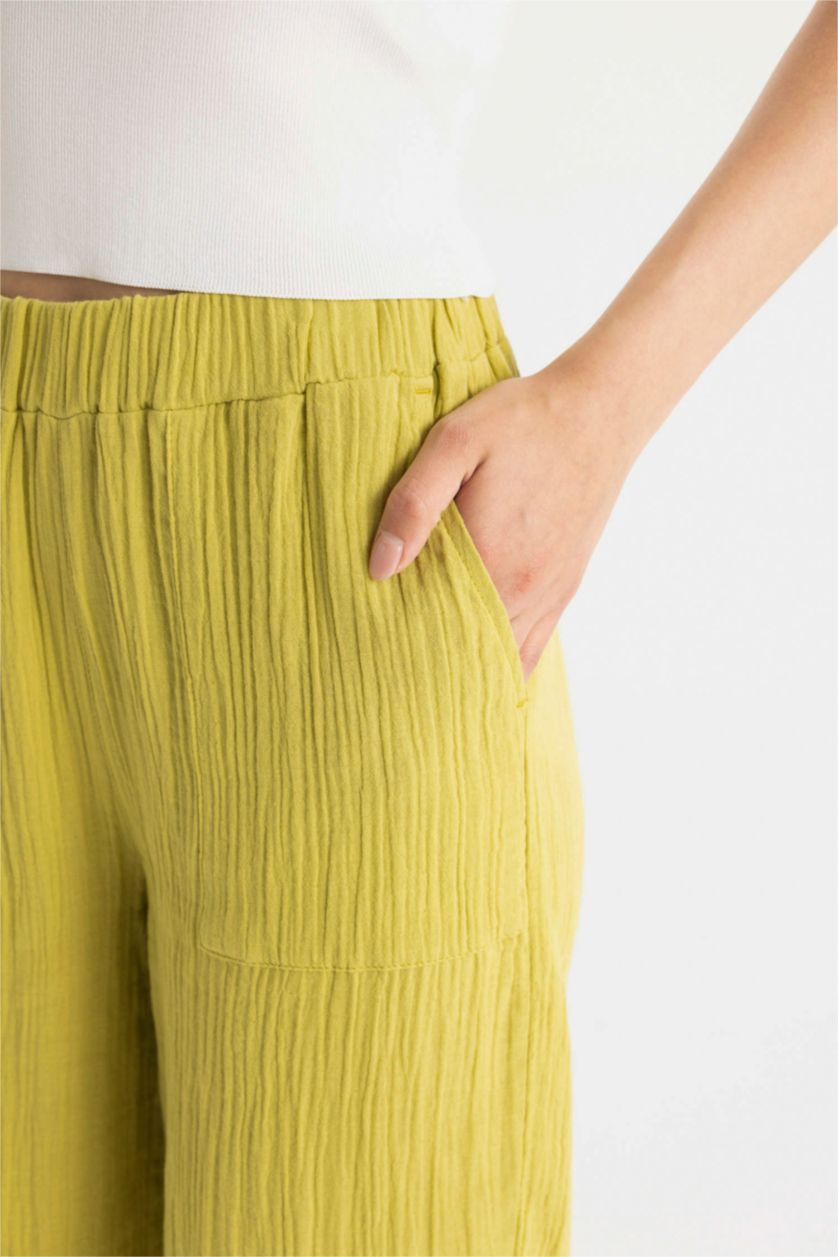 Kadın Yeşil Wide Leg Müslin Pantolon Basic Düz Geniş Bol Paça Cepli