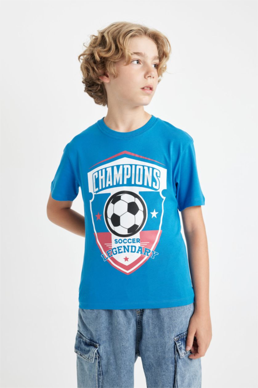 Erkek Çocuk - Genç Erkek Saks Bisiklet Yaka Baskılı Kısa Kollu Tişört Erkek Çocuk