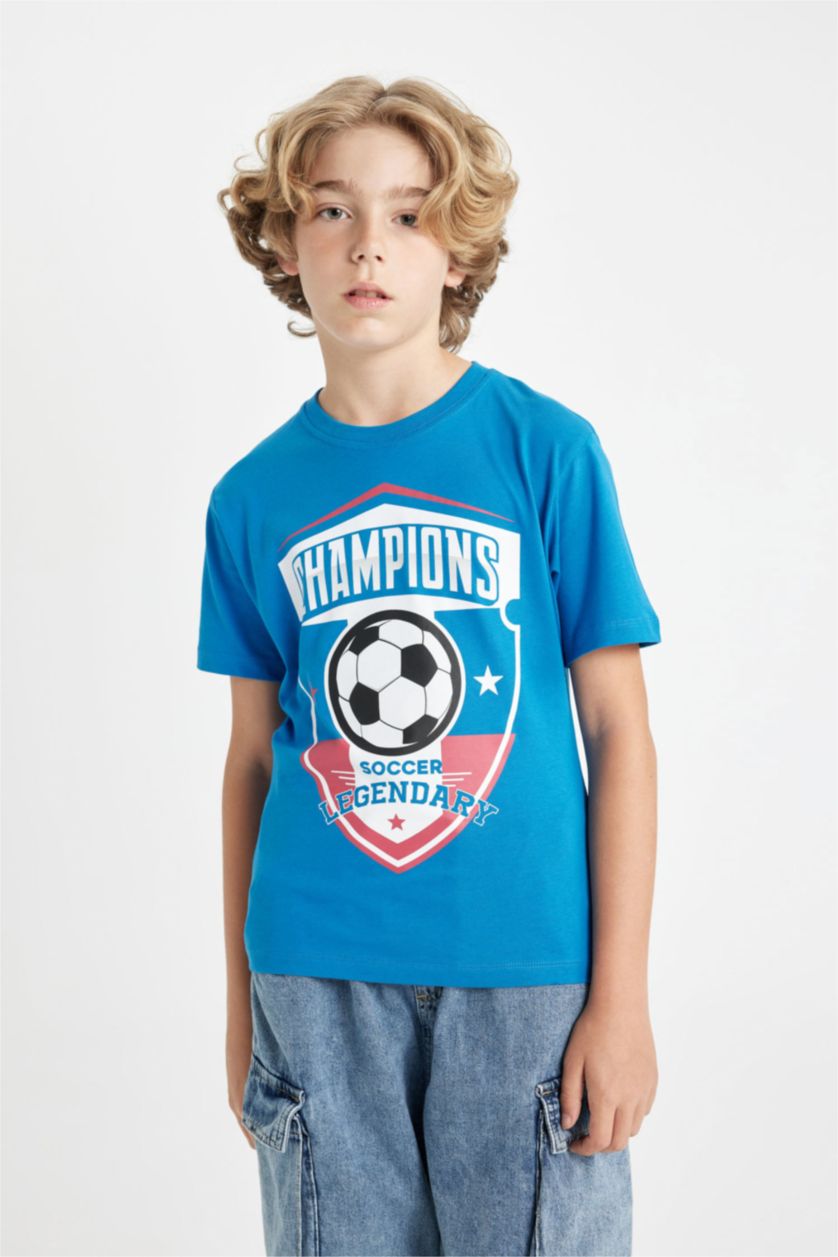 Erkek Çocuk - Genç Erkek Saks Bisiklet Yaka Baskılı Kısa Kollu Tişört Erkek Çocuk