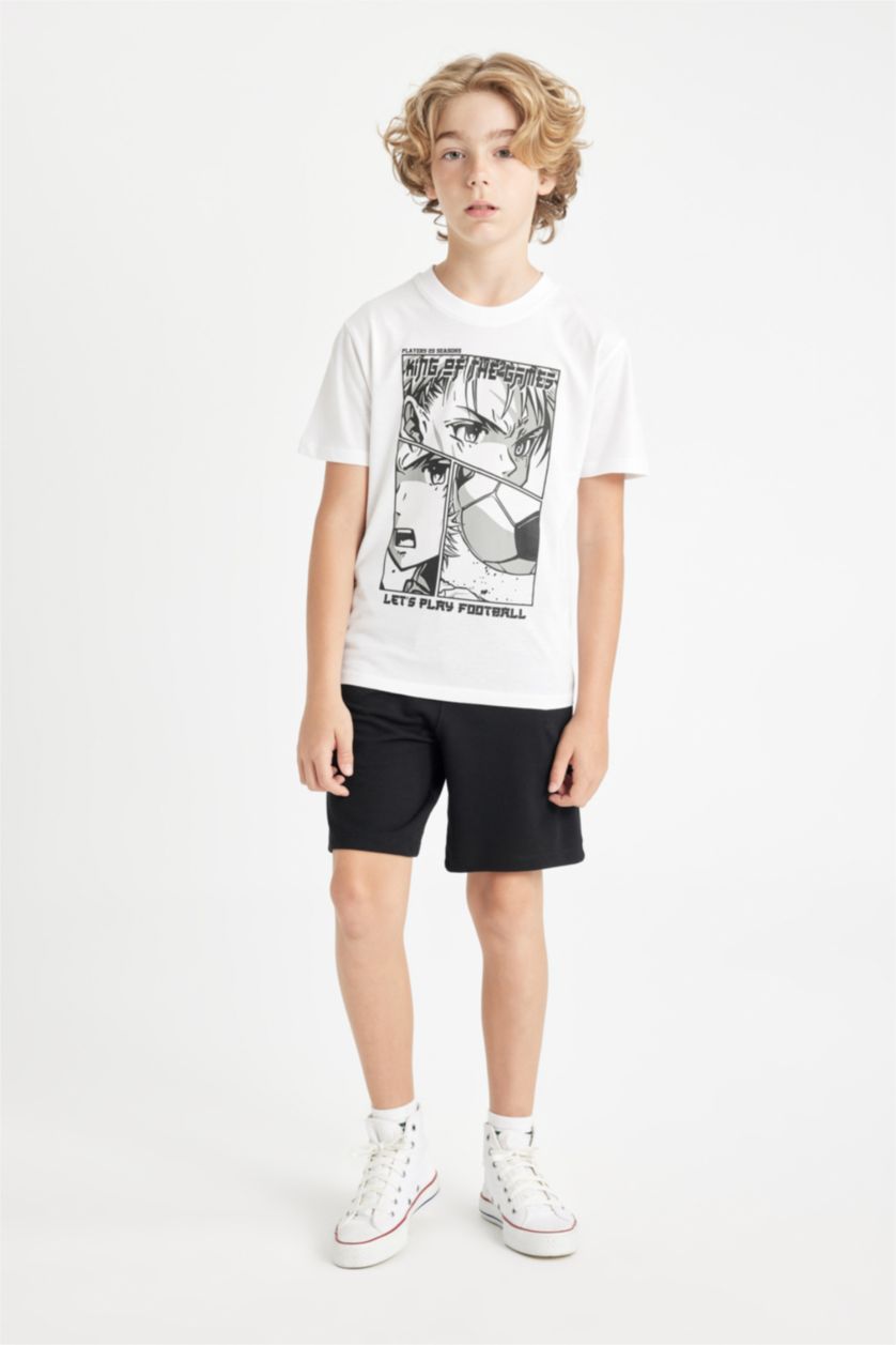 Erkek Çocuk - Genç Erkek Beyaz Bisiklet Yaka Baskılı Kısa Kollu Tişört Erkek Çocuk