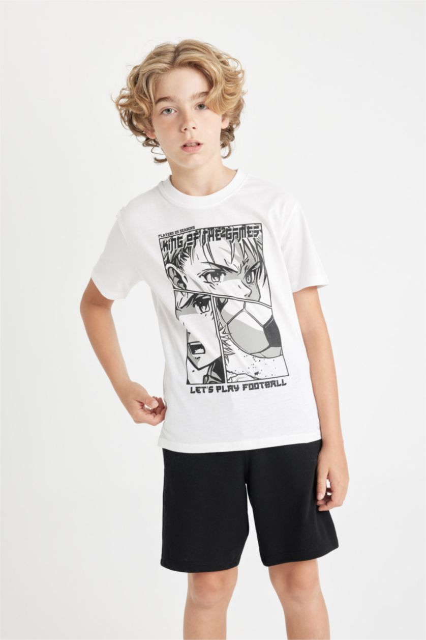 Erkek Çocuk - Genç Erkek Beyaz Bisiklet Yaka Baskılı Kısa Kollu Tişört Erkek Çocuk