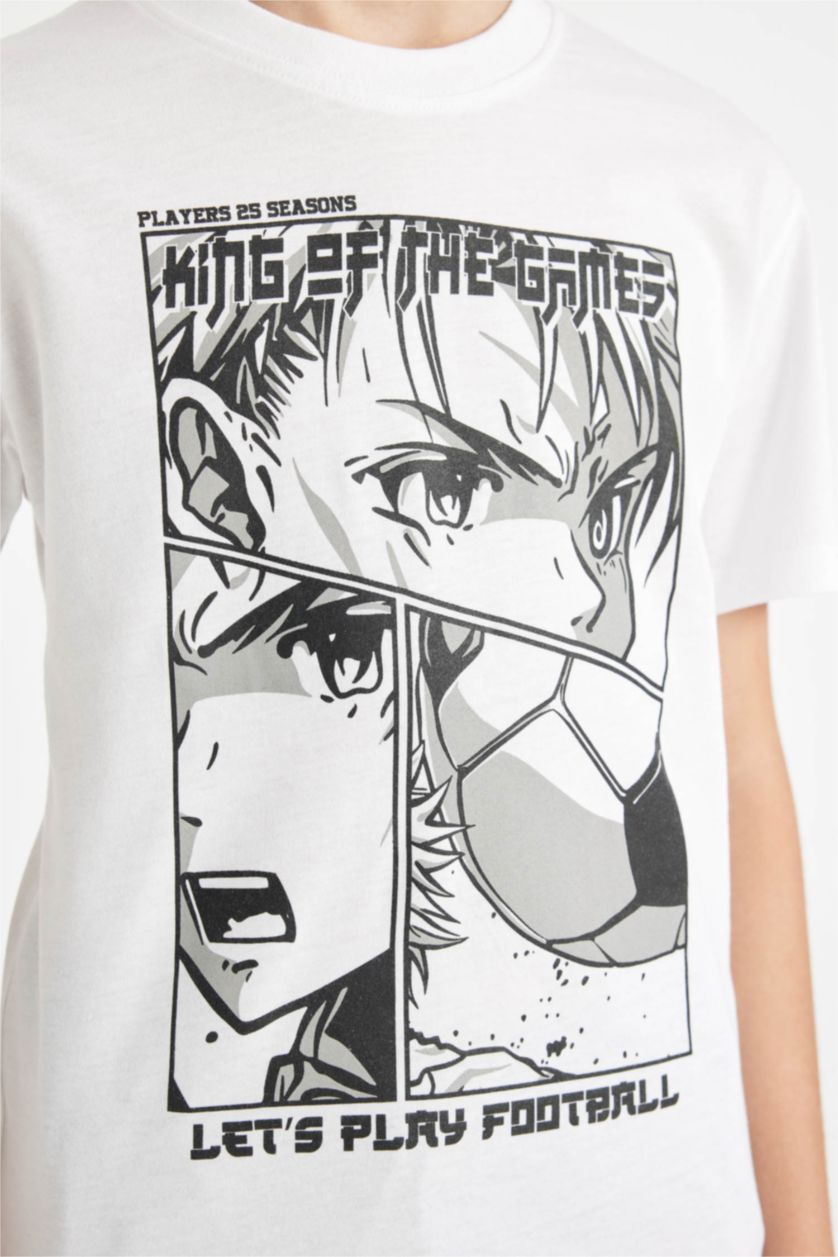 Erkek Çocuk - Genç Erkek Beyaz Bisiklet Yaka Baskılı Kısa Kollu Tişört Erkek Çocuk